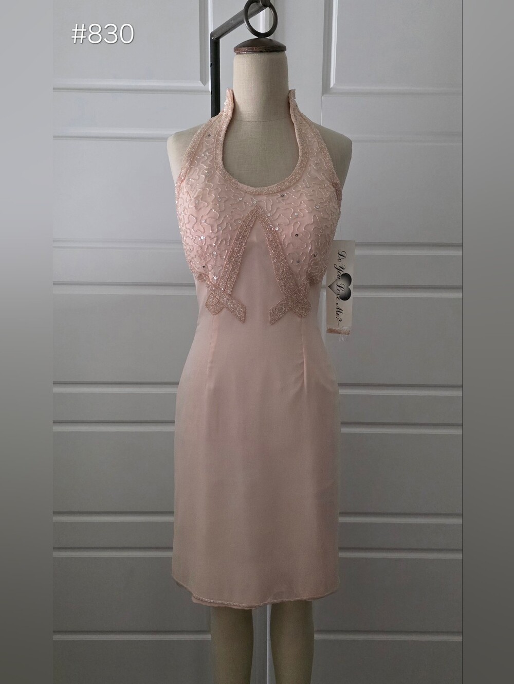 Pink Beaded Silk Sleeveless Halter Mini Formal Dress